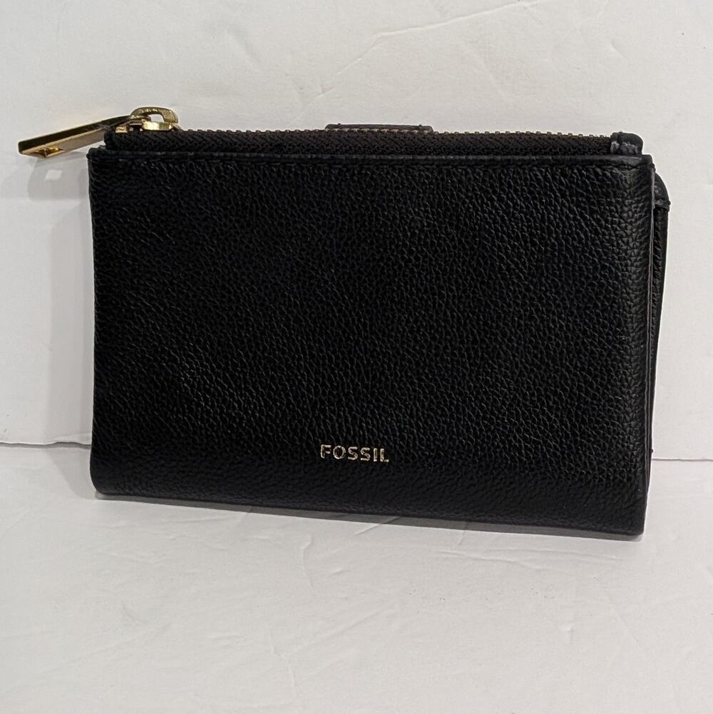 Fossil Lainie Multifunction Bifold Wallet Black Pebbled Leather Zip Pocket